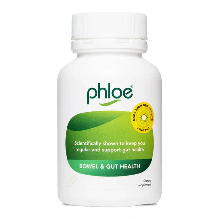 Bottle of Phloe Bowel Health 50 Vegecaps on a white background. Made from NZ kiwifruit.