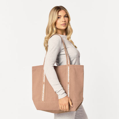 Women's  Washed Brown Branded Strap Heavyweight Tote Bag  Closure London  Front View