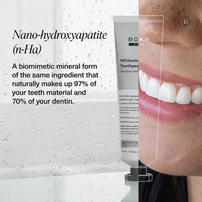 Boka Whitening Toothpaste tube with a close-up of a smile showing white teeth, text about nano-hydroxyapatite, and a light gray background.