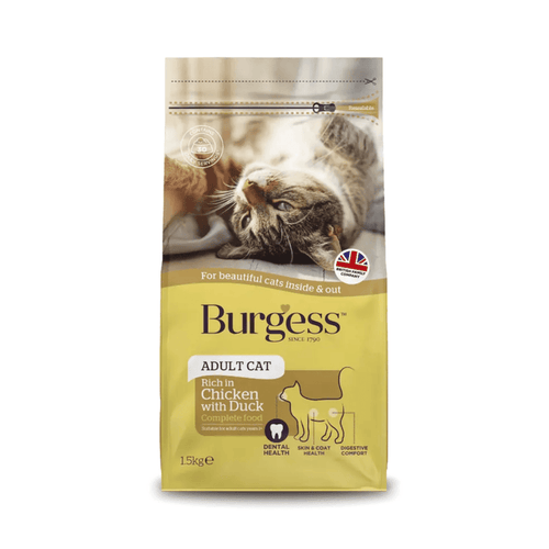 White background with a bag of Burgess Adult Cat dry food. On the bag is a tabby and white cat on it's back. Text on the bag reads 'Burgess Adult Cat, Rich in Chicken with Duck, Complete Food. 1.5kg'