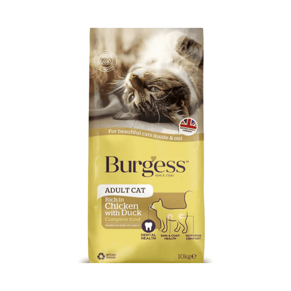 White background with a bag of Burgess Adult Cat dry food. On the bag is a tabby and white cat on it's back. Text on the bag reads 'Burgess Adult Cat, Rich in Chicken with Duck, Complete Food. 10kg'