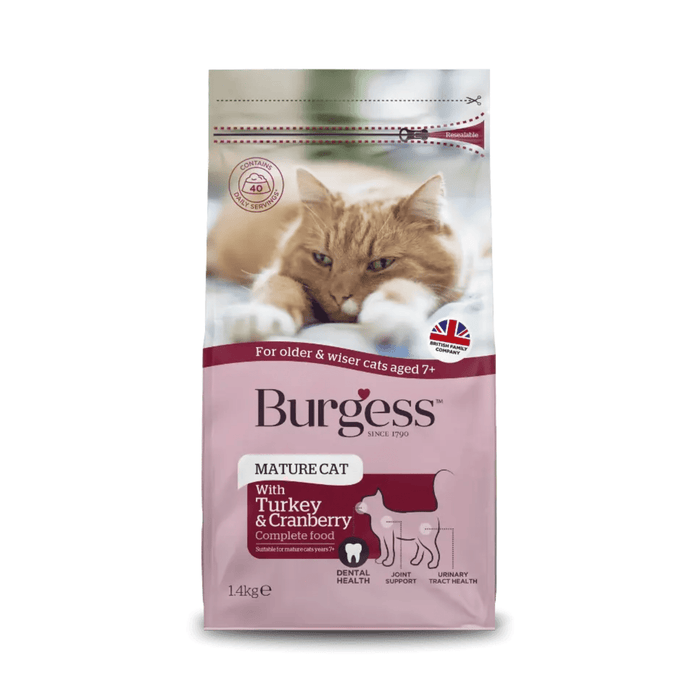 White background with a bag of Burgess Mature Cat dry food. On the bag is a ginger tabby and white cat lying down. Text on the bag reads 'Burgess Mature Cat, with Turkey & Cranberry, Complete Food. 1.4kg'