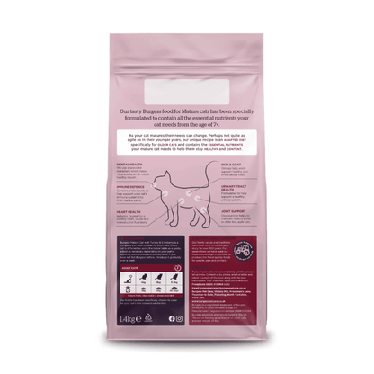 White background with back view of a bag of Burgess Mature Cat Turkey and Cranberry dry food.