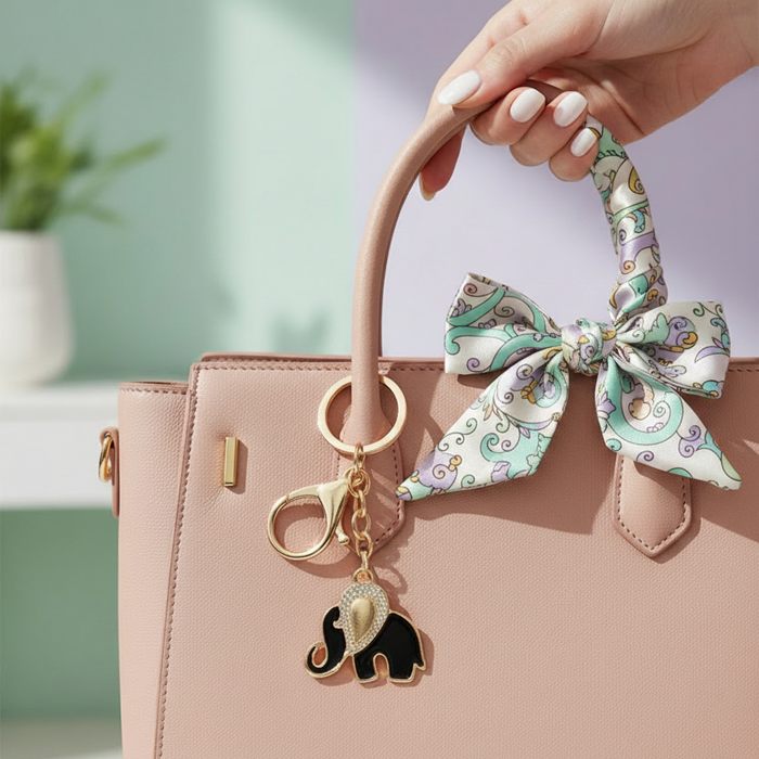 Charming Crystal Elephant Keychain - Elegant Gold-Tone Bag Charm (QE3218)