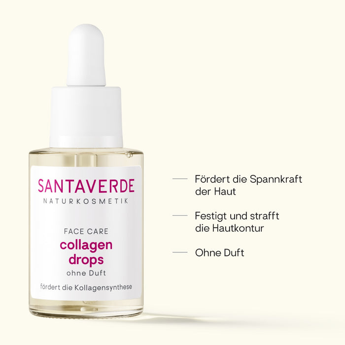 Santaverde Collagen Drops – Naturkosmetik Gesichtsdrops mit Aloe Vera und Collagen, Produktdarstellung mit USPs und Anwendungsvorteilen auf hellem Hintergrund