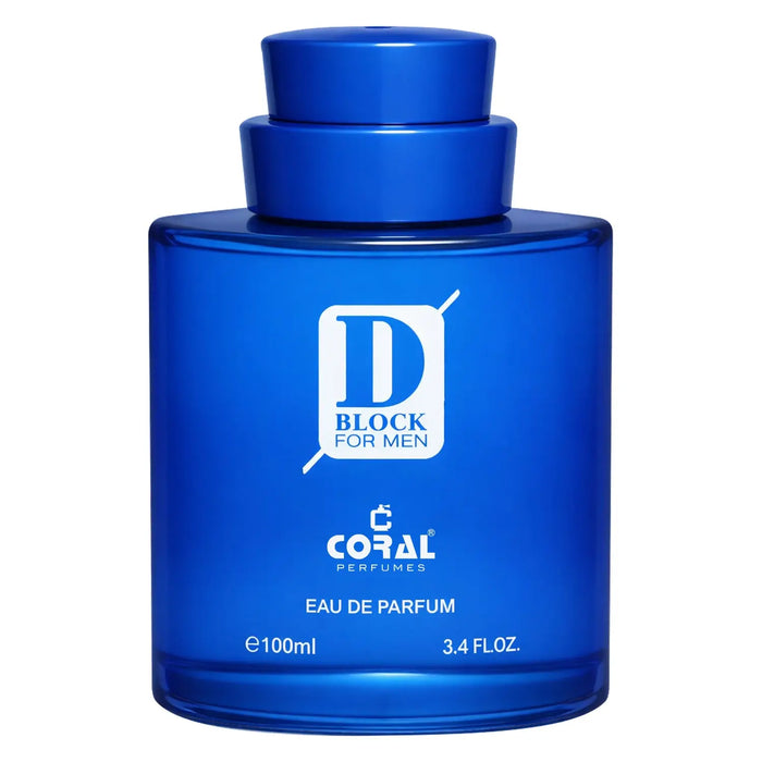Blue coral D Block men's EDP by Bin Kamal Perfumes, 100ml bottle with sleek blue packaging.