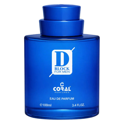 Blue coral D Block men's EDP by Bin Kamal Perfumes, 100ml bottle with sleek blue packaging.