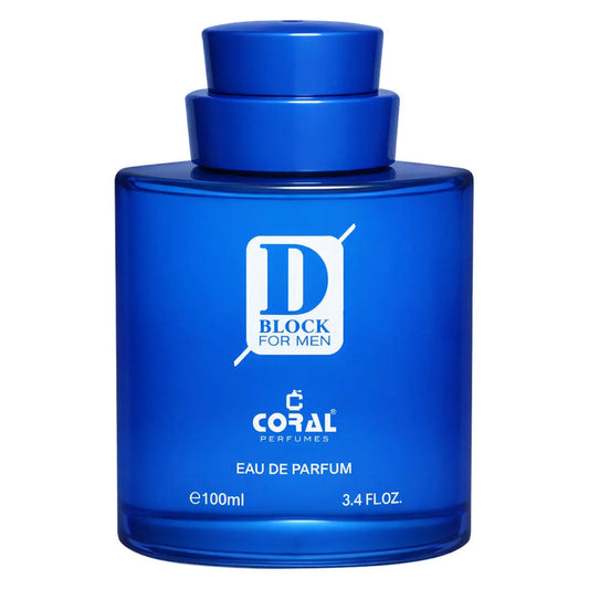 Blue coral D Block men's EDP by Bin Kamal Perfumes, 100ml bottle with sleek blue packaging.