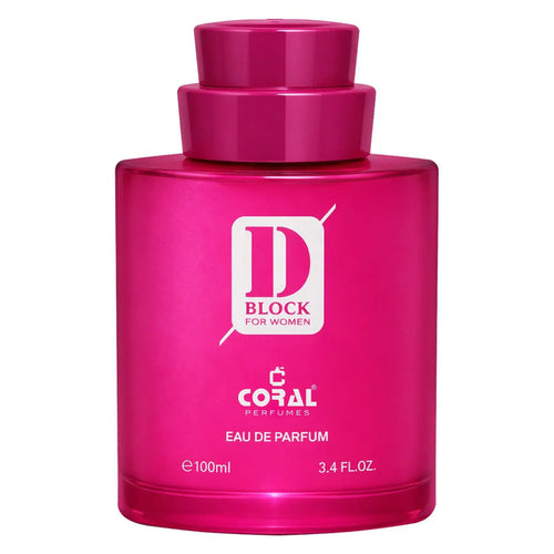 Pink Coral D Block Eau de Parfum for women in a 100ml bottle, featuring a vibrant pink design from Bin Kamal Perfumes.