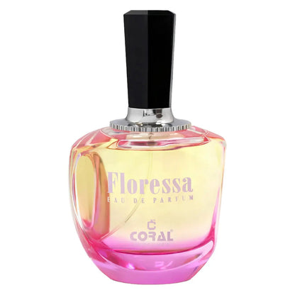 Coral Floressa For Women EDP 100ml bottle by Bin Kamal Perfumes, elegant glass perfume bottle with floral design and coral accents.