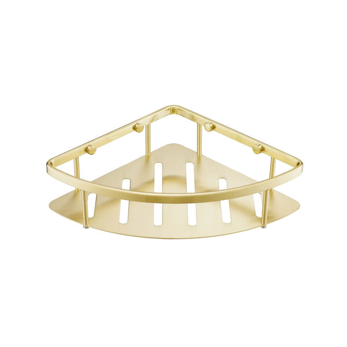 Brushed brass corner shower caddy on a white background