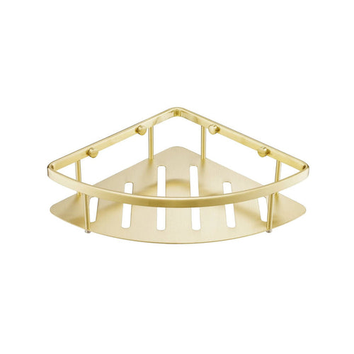Brushed brass corner shower caddy on a white background