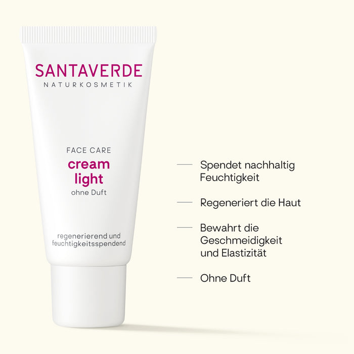 Santaverde Cream Light ohne Duft 30 ml – ohne Duftstoffe für sensible Haut, Produktdarstellung mit USPs und Anwendungsvorteilen auf hellem Hintergrund