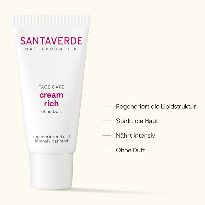 Santaverde Cream rich ohne Duft 30 ml – Aloe Vera Naturkosmetik für normale bis trockene Haut, Produktabbildung mit hervorgehobenen USPs