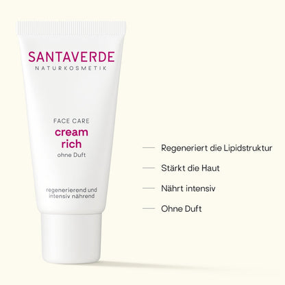 Santaverde Cream rich ohne Duft 30 ml – Aloe Vera Naturkosmetik für normale bis trockene Haut, Produktabbildung mit hervorgehobenen USPs