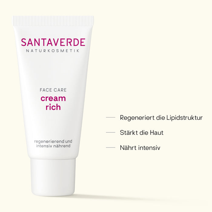 Santaverde Cream Rich – reichhaltige Aloe Vera Gesichtscreme mit Aloe Vera, Produktdarstellung mit USPs und Anwendungsvorteilen auf hellem Hintergrund