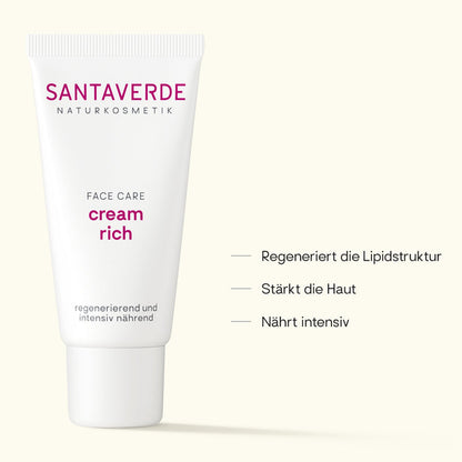Santaverde Cream Rich – reichhaltige Aloe Vera Gesichtscreme mit Aloe Vera, Produktdarstellung mit USPs und Anwendungsvorteilen auf hellem Hintergrund