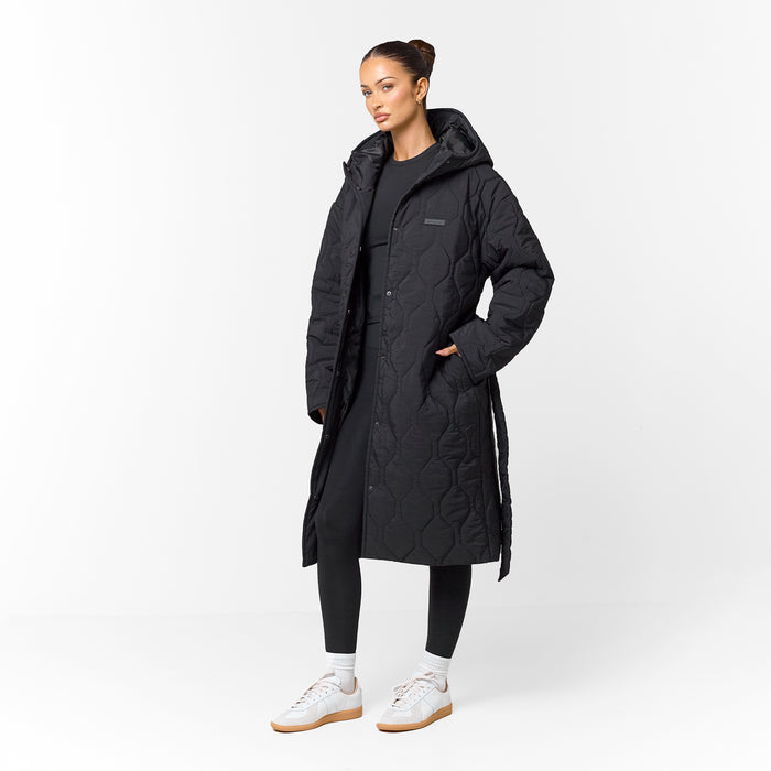 Cross Quilt Longline Duvet Coat | Black