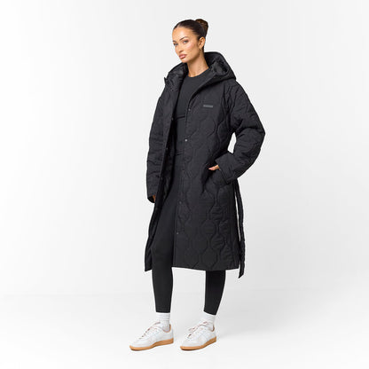 Cross Quilt Longline Duvet Coat | Black
