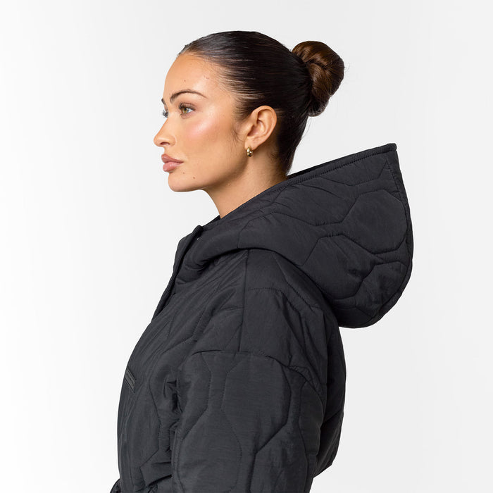 Cross Quilt Longline Duvet Coat | Black