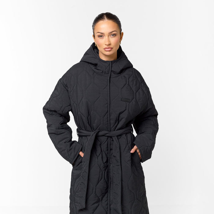 Cross Quilt Longline Duvet Coat | Black