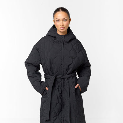 Cross Quilt Longline Duvet Coat | Black