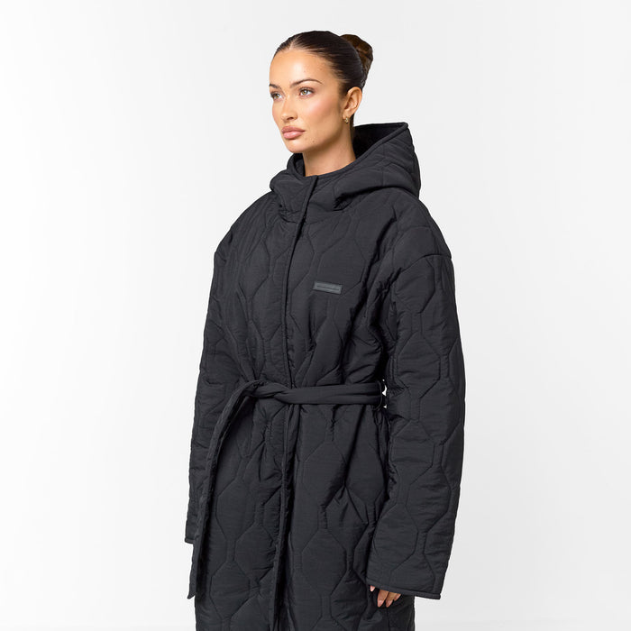 Cross Quilt Longline Duvet Coat | Black