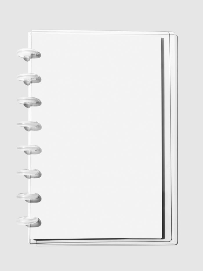 Crystal Clear Discbound Notebook Cover in use with clear rings.