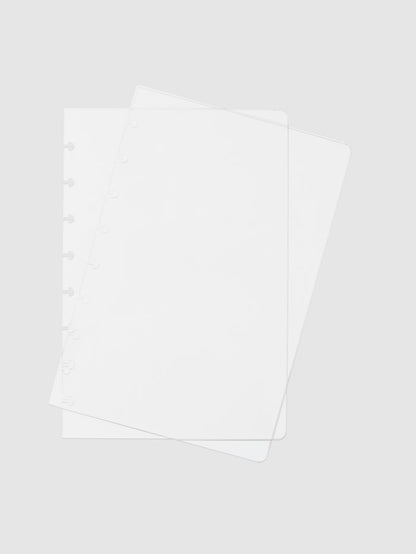 Crystal Clear Discbound Notebook Cover, Half Letter, Cloth and Paper. Two transparent notebook covers laid on top of one another with the top cover tilted slightly to the right.
