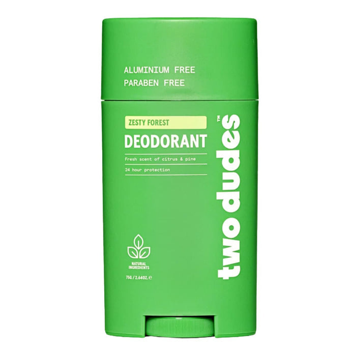 Green deodorant stick with 'two dudes' branding on a white background.