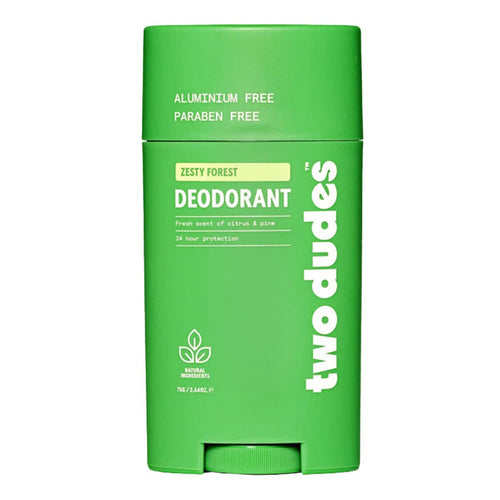 Green deodorant stick with 'two dudes' branding on a white background.
