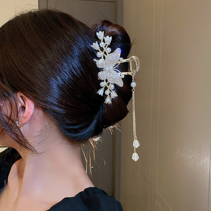 Diamond-encrusted Pearl Wheat-spike Lily-of-the-valley Tassel Hair Clip