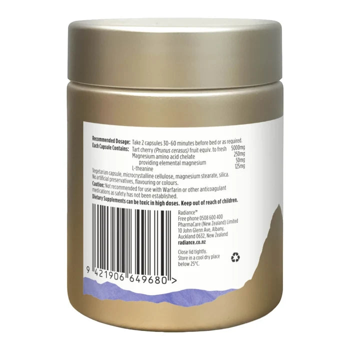 Back label radiance dream sleep container with recommended dosage & ingredients.