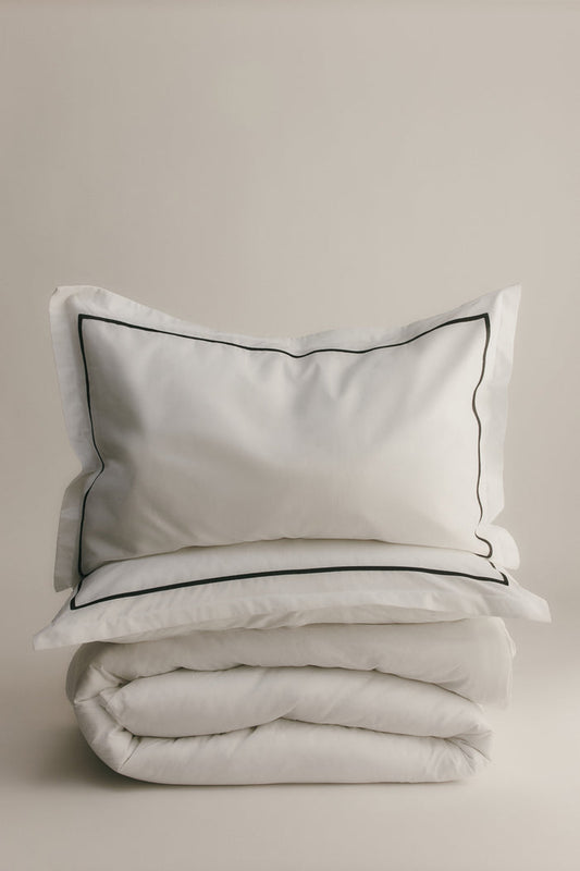 Duvet Cover and Sham Set in White/Black Embroidery