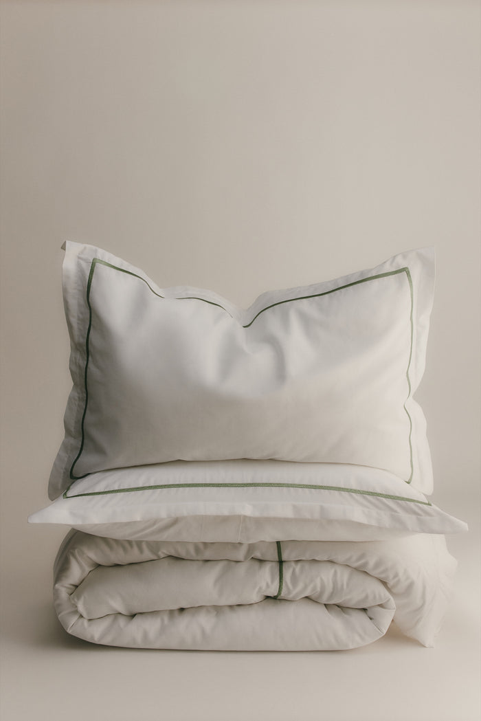 Duvet Cover and Sham Set in White/Hedge Green Embroidery
