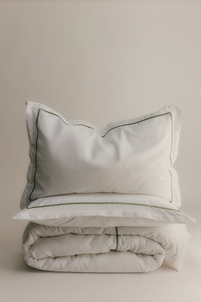Duvet Cover and Sham Set in White/Hedge Green Embroidery