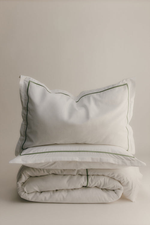 Duvet Cover and Sham Set in White/Hedge Green Embroidery