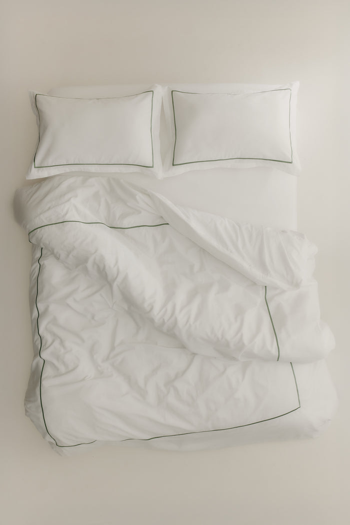 Duvet Cover and Sham Set in White/Hedge Green Embroidery