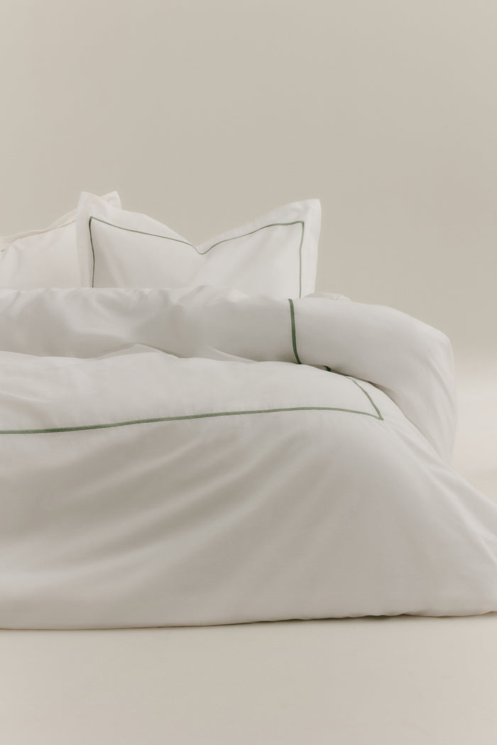 Duvet Cover and Sham Set in White/Hedge Green Embroidery