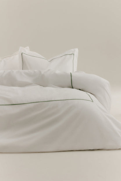 Duvet Cover and Sham Set in White/Hedge Green Embroidery