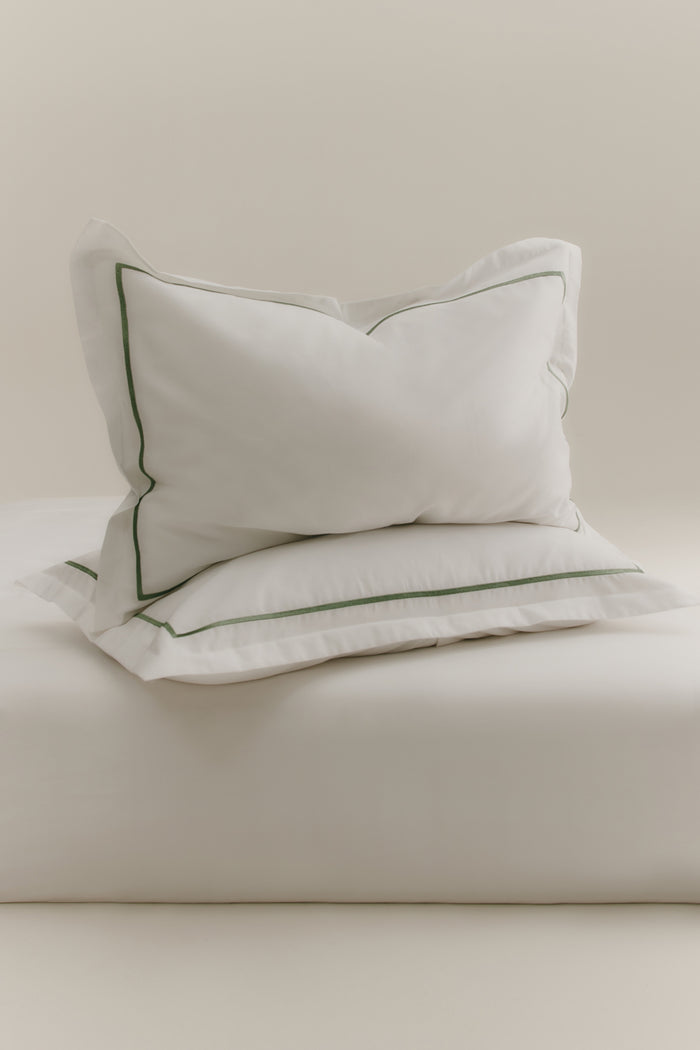 Duvet Cover and Sham Set in White/Hedge Green Embroidery