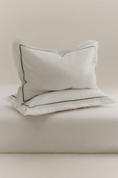 Duvet Cover and Sham Set in White/Hedge Green Embroidery