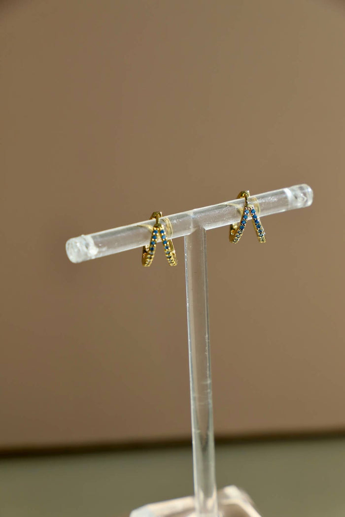 E1678BLG Gold Earrings-Double CZ Huggie Hoops Blue