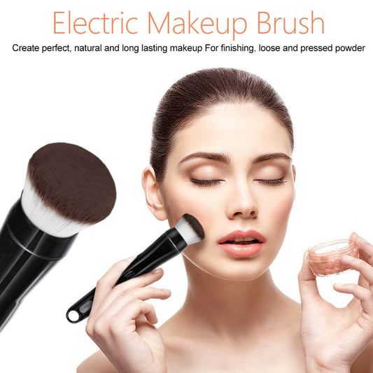 Electric makeup brush with a woman applying makeup and powder, on a light background.