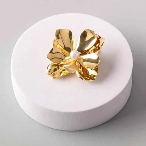 Elegant Gold Layered Sculpted Flower Hair Clip with Faux Pearl Accent (AP13352G)