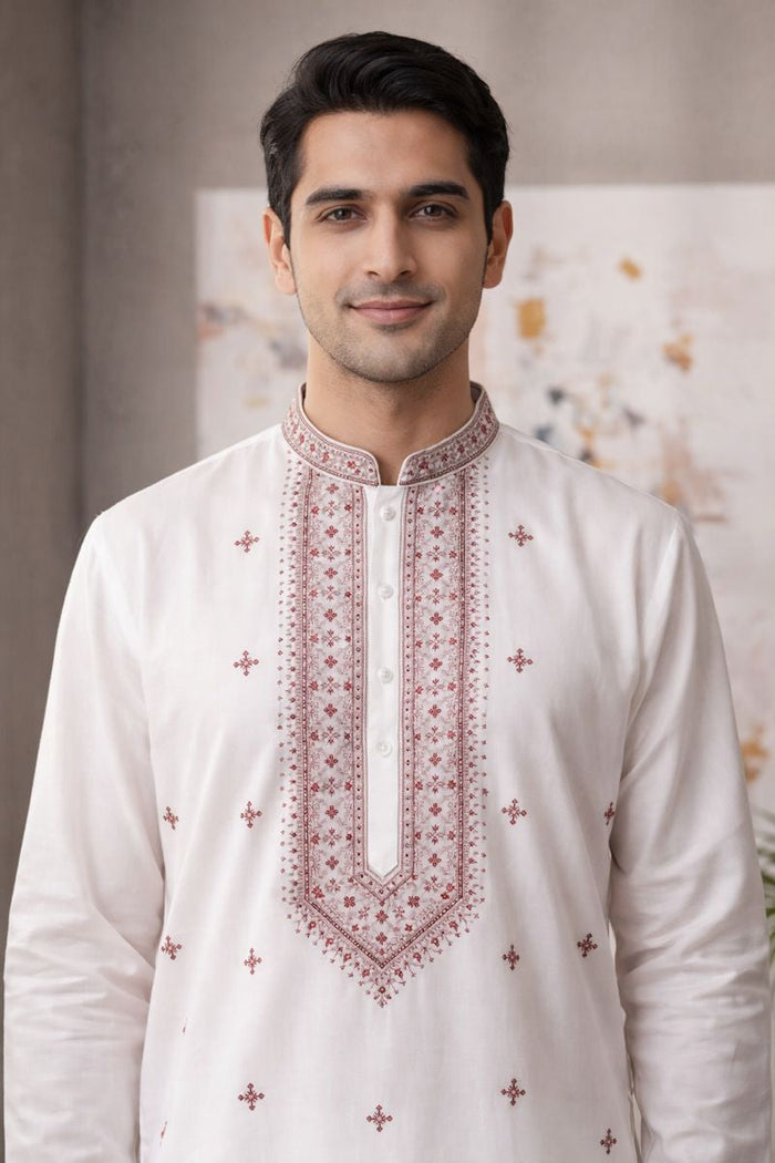Elegant Off-White Embroidered Kurta Set