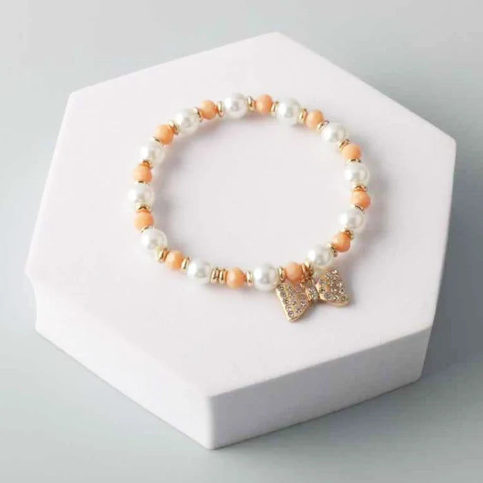 Elegant Rhinestone Bow & Faux Pearl Beaded Bracelet 4 Colors (BL17902)