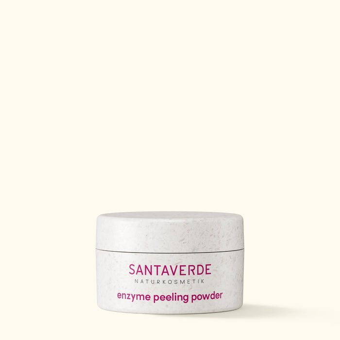 enzyme peeling powder Santaverde Naturkosmetik auf hellem Hintergrund