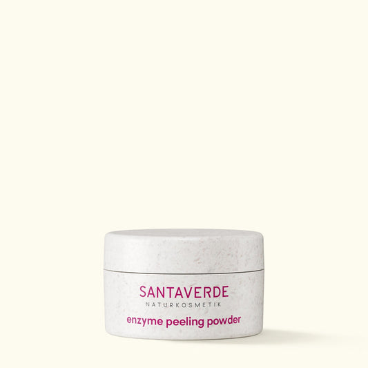 enzyme peeling powder Santaverde Naturkosmetik auf hellem Hintergrund