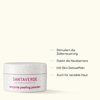 Santaverde enzym peeling powder – Naturkosmetik Gesichtspeeling mit Aloe Vera, Produktdarstellung mit USPs und Anwendungsvorteilen auf hellem Hintergrund